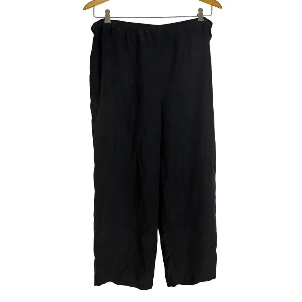 Eileen Fisher Silk Pants Womens Medium Black Wide Leg Pull On Crop Elastic 24.5" - Picture 2 of 9